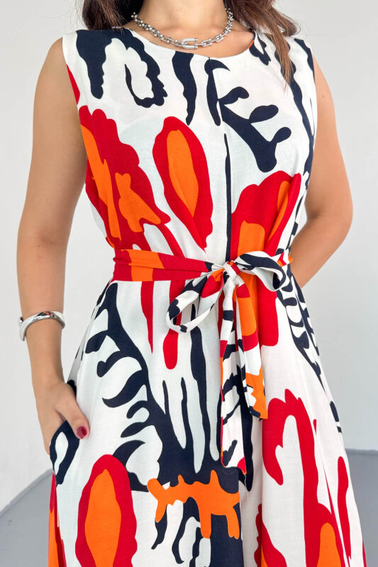 ELB-01821 Nar Çiçeği Desenli Arka Fermuarlı Kuşaklı Pamuklu Viskon Tulum - 7