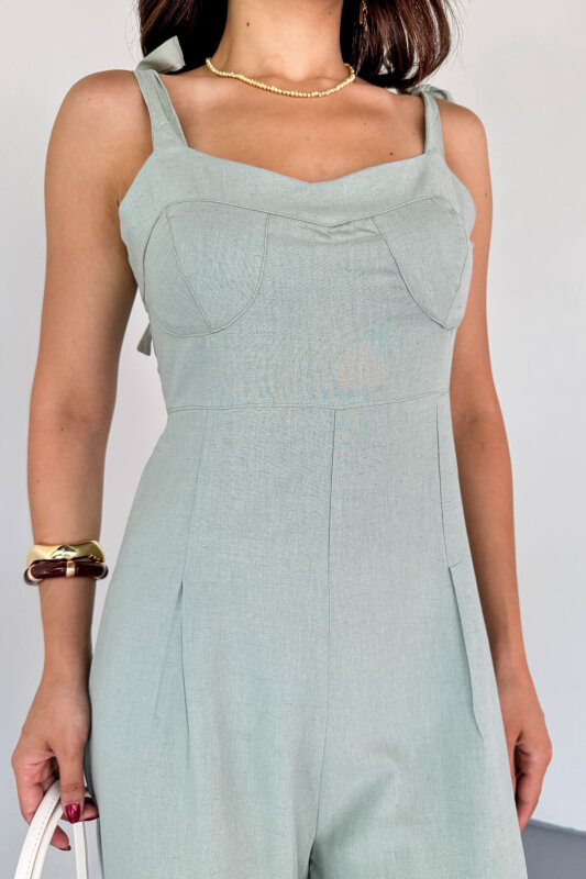 ELB-01822 Mint Yeşili Yandan Fermuarlı Bağcıklı Askılı Ham Keten Tulum - 3