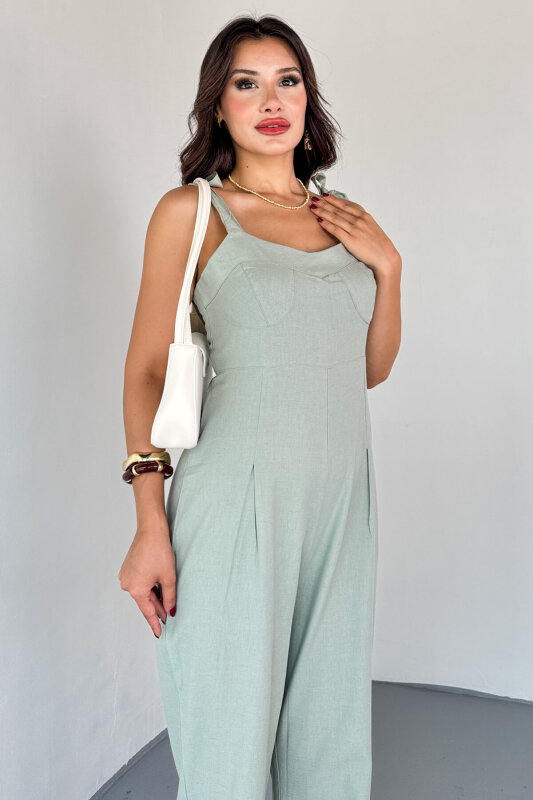 ELB-01822 Mint Yeşili Yandan Fermuarlı Bağcıklı Askılı Ham Keten Tulum - 4