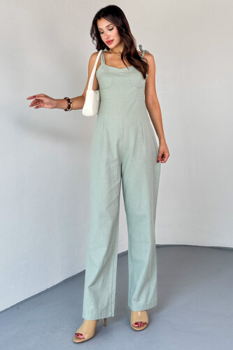 ELB-01822 Mint Yeşili Yandan Fermuarlı Bağcıklı Askılı Ham Keten Tulum - 5