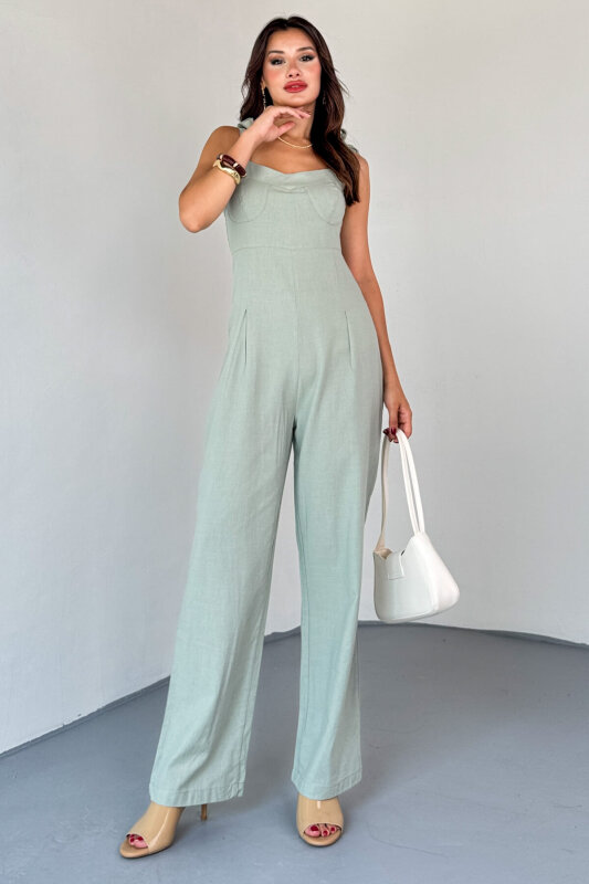 ELB-01822 Mint Yeşili Yandan Fermuarlı Bağcıklı Askılı Ham Keten Tulum - 6