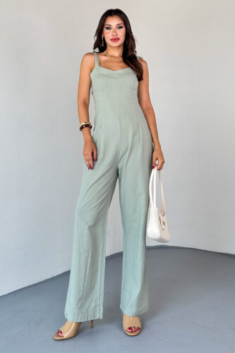 ELB-01822 Mint Yeşili Yandan Fermuarlı Bağcıklı Askılı Ham Keten Tulum - 7