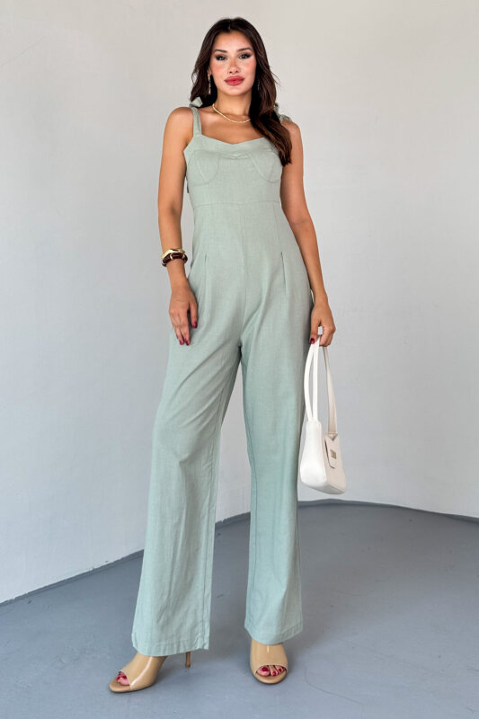 ELB-01822 Mint Yeşili Yandan Fermuarlı Bağcıklı Askılı Ham Keten Tulum - 7