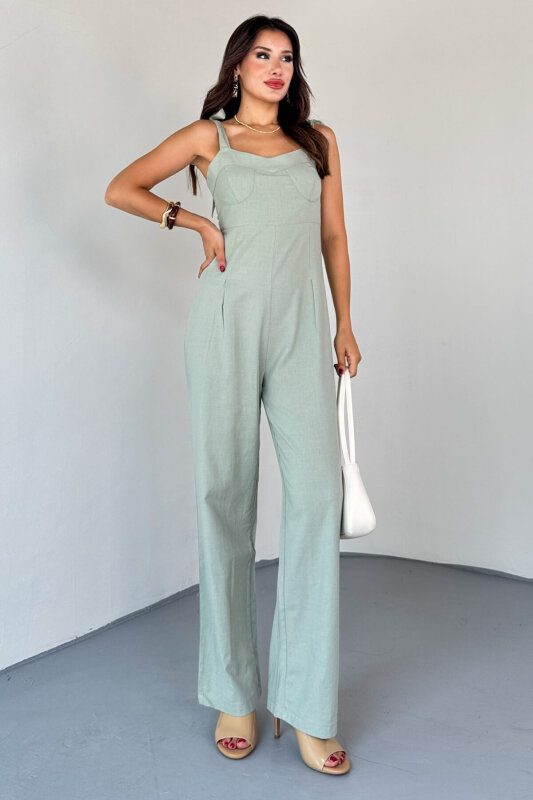 ELB-01822 Mint Yeşili Yandan Fermuarlı Bağcıklı Askılı Ham Keten Tulum - 8