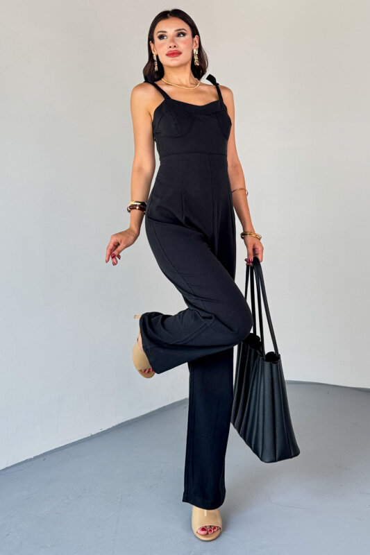 ELB-01822 Siyah Yandan Fermuarlı Bağcıklı Askılı Ham Keten Tulum - 4