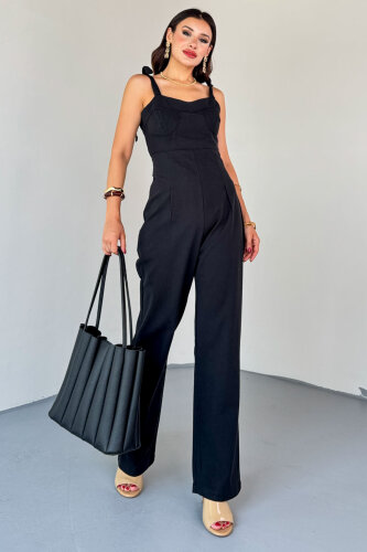 ELB-01822 Siyah Yandan Fermuarlı Bağcıklı Askılı Ham Keten Tulum - 3