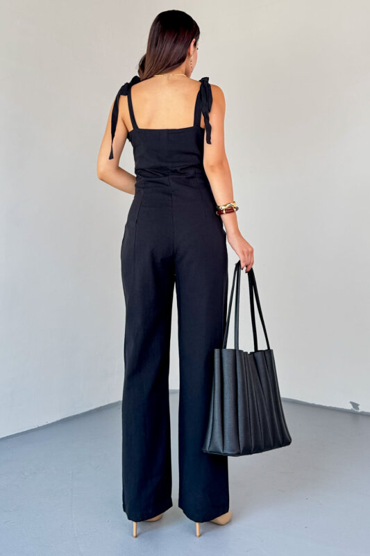 ELB-01822 Siyah Yandan Fermuarlı Bağcıklı Askılı Ham Keten Tulum - 6