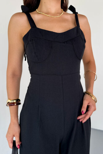 ELB-01822 Siyah Yandan Fermuarlı Bağcıklı Askılı Ham Keten Tulum - 7