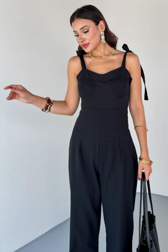 ELB-01822 Siyah Yandan Fermuarlı Bağcıklı Askılı Ham Keten Tulum - 2