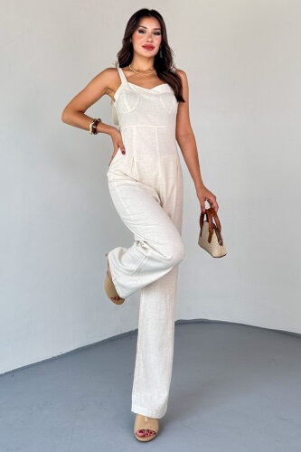 ELB-01822 Taş Rengi Yandan Fermuarlı Bağcıklı Askılı Ham Keten Tulum - 4