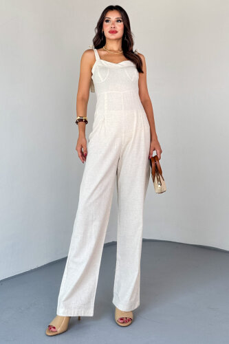 ELB-01822 Taş Rengi Yandan Fermuarlı Bağcıklı Askılı Ham Keten Tulum - 5