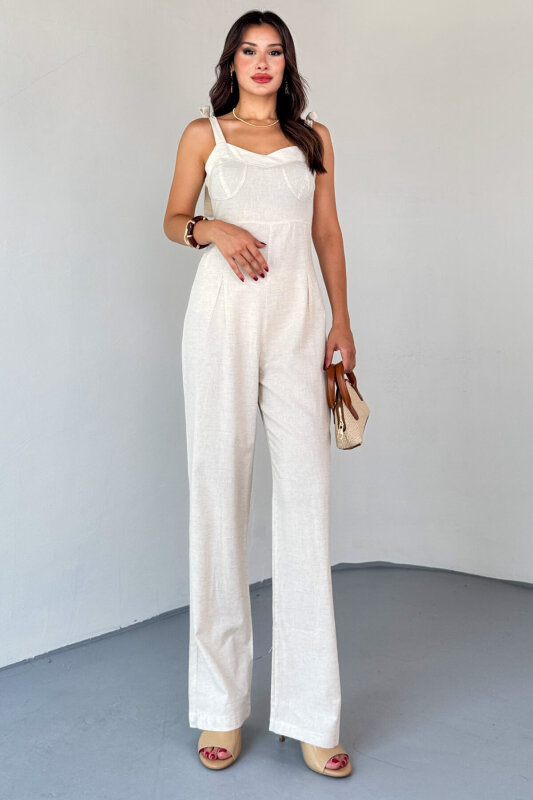 ELB-01822 Taş Rengi Yandan Fermuarlı Bağcıklı Askılı Ham Keten Tulum - 1