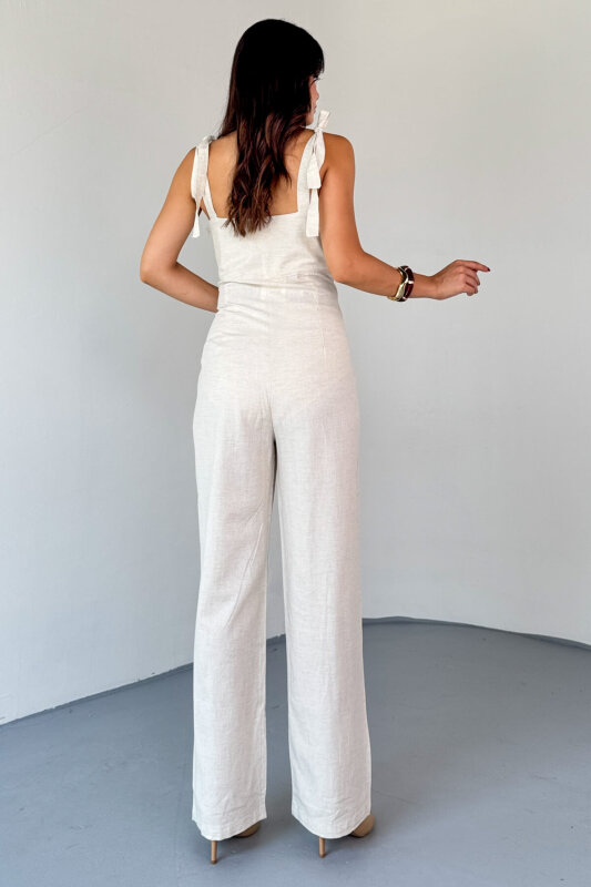 ELB-01822 Taş Rengi Yandan Fermuarlı Bağcıklı Askılı Ham Keten Tulum - 6