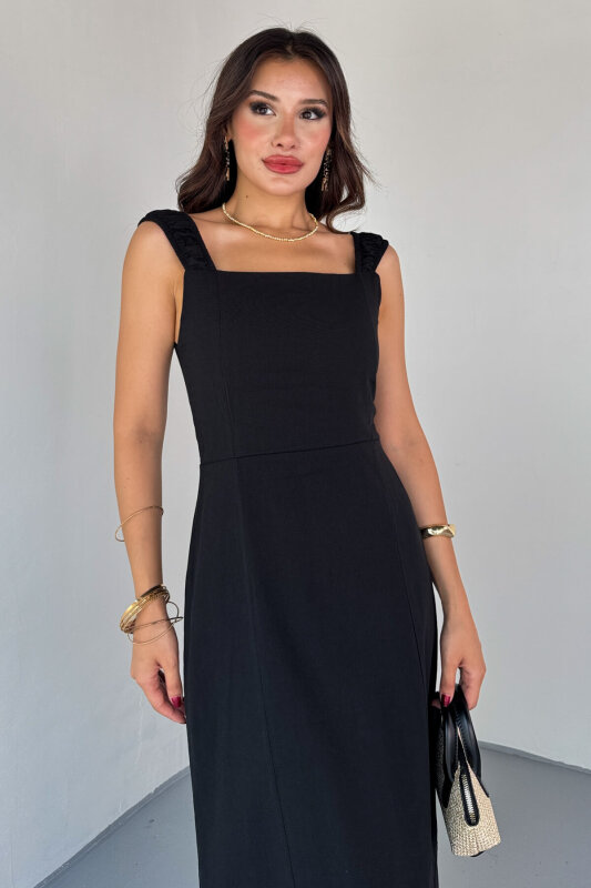 ELB-01824 Siyah Yırtmaç Detaylı Sırtı Çapraz Bağlamalı Keten Elbise - 3