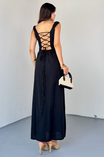 ELB-01824 Siyah Yırtmaç Detaylı Sırtı Çapraz Bağlamalı Keten Elbise - 4