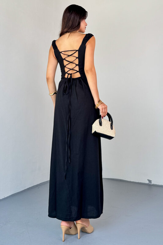 ELB-01824 Siyah Yırtmaç Detaylı Sırtı Çapraz Bağlamalı Keten Elbise - 4