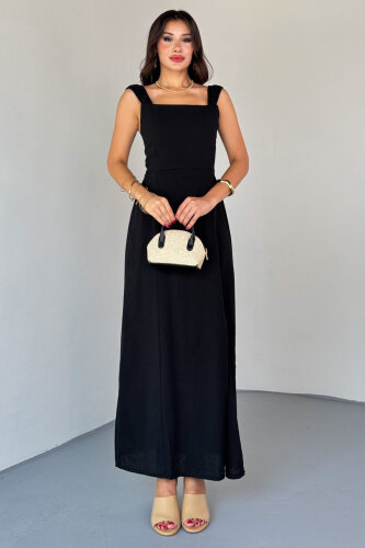 ELB-01824 Siyah Yırtmaç Detaylı Sırtı Çapraz Bağlamalı Keten Elbise - 5