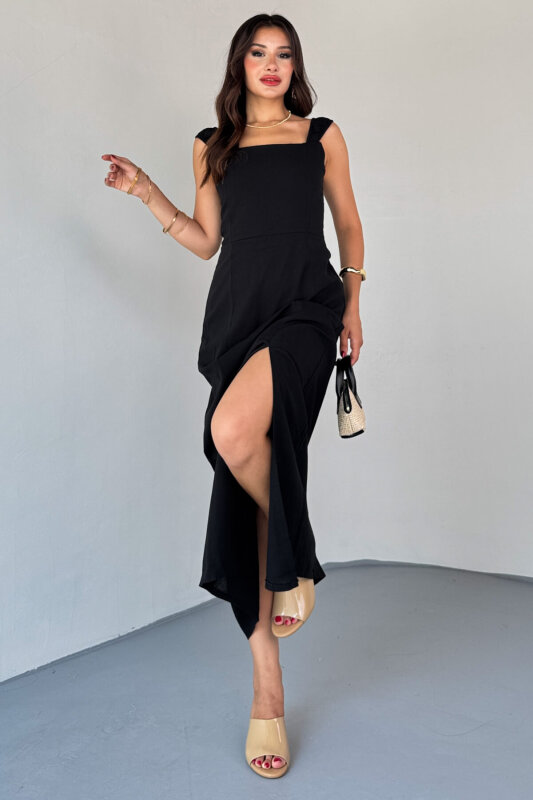 ELB-01824 Siyah Yırtmaç Detaylı Sırtı Çapraz Bağlamalı Keten Elbise - 1