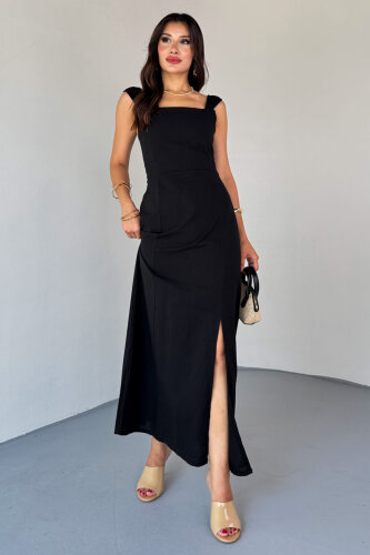 ELB-01824 Siyah Yırtmaç Detaylı Sırtı Çapraz Bağlamalı Keten Elbise - 6