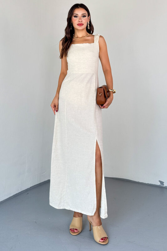 ELB-01824 Taş Rengi Yırtmaç Detaylı Sırtı Çapraz Bağlamalı Keten Elbise - 5