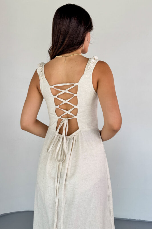 ELB-01824 Taş Rengi Yırtmaç Detaylı Sırtı Çapraz Bağlamalı Keten Elbise - 2
