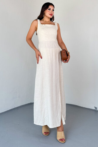 ELB-01824 Taş Rengi Yırtmaç Detaylı Sırtı Çapraz Bağlamalı Keten Elbise - 4