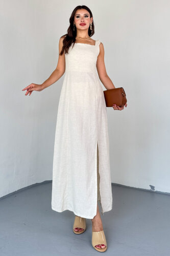 ELB-01824 Taş Rengi Yırtmaç Detaylı Sırtı Çapraz Bağlamalı Keten Elbise