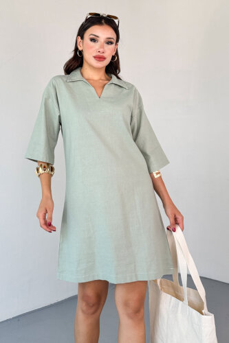 ELB-01826 Mint Yeşili Keten Polo Yaka V Kesim Günlük Elbise - 3