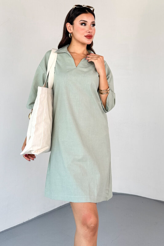 ELB-01826 Mint Yeşili Keten Polo Yaka V Kesim Günlük Elbise - 1