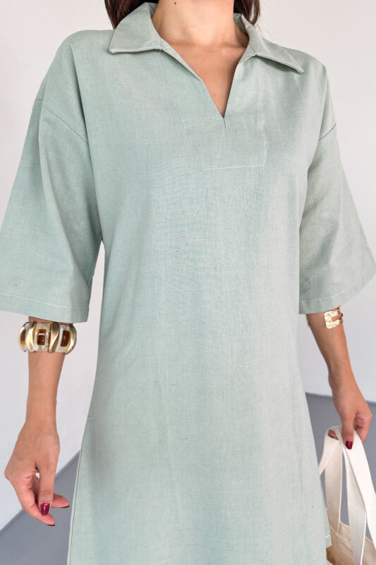 ELB-01826 Mint Yeşili Keten Polo Yaka V Kesim Günlük Elbise - 4