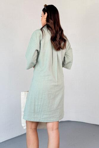 ELB-01826 Mint Yeşili Keten Polo Yaka V Kesim Günlük Elbise - 5