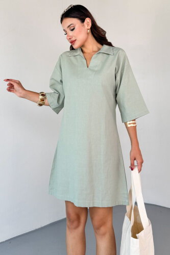 ELB-01826 Mint Yeşili Keten Polo Yaka V Kesim Günlük Elbise (1)
