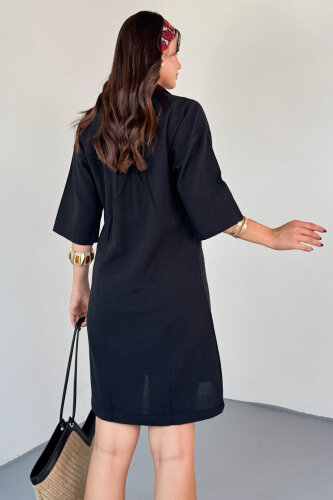ELB-01826 Siyah Keten Polo Yaka V Kesim Günlük Elbise - 3