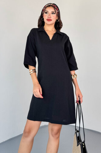 ELB-01826 Siyah Keten Polo Yaka V Kesim Günlük Elbise