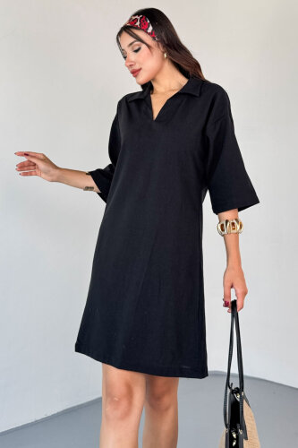 ELB-01826 Siyah Keten Polo Yaka V Kesim Günlük Elbise (1)