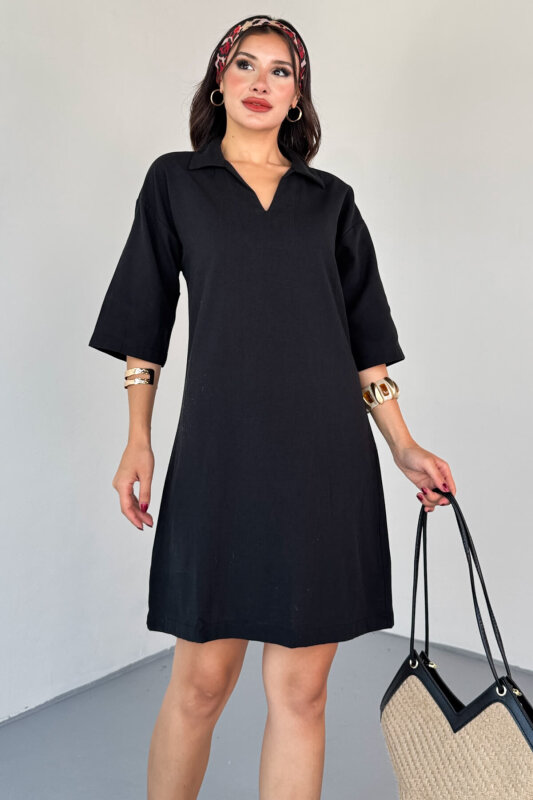 ELB-01826 Siyah Keten Polo Yaka V Kesim Günlük Elbise - 4