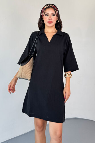 ELB-01826 Siyah Keten Polo Yaka V Kesim Günlük Elbise - 5