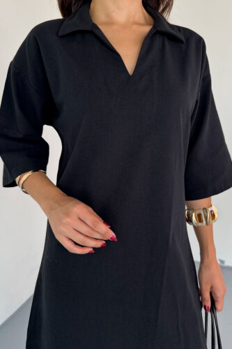 ELB-01826 Siyah Keten Polo Yaka V Kesim Günlük Elbise - 6