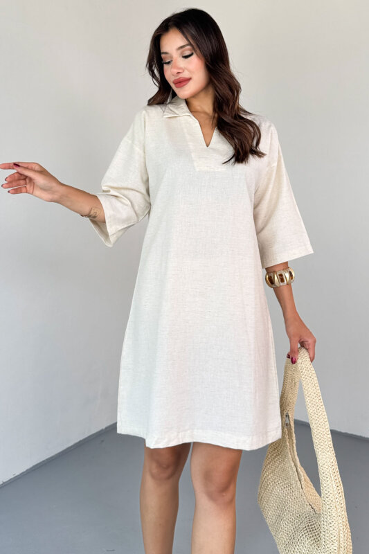 ELB-01826 Taş Rengi Yeşili Keten Polo Yaka V Kesim Günlük Elbise - 1