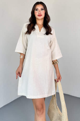 ELB-01826 Taş Rengi Yeşili Keten Polo Yaka V Kesim Günlük Elbise (1)