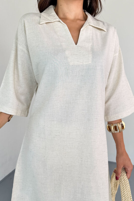 ELB-01826 Taş Rengi Yeşili Keten Polo Yaka V Kesim Günlük Elbise - 3