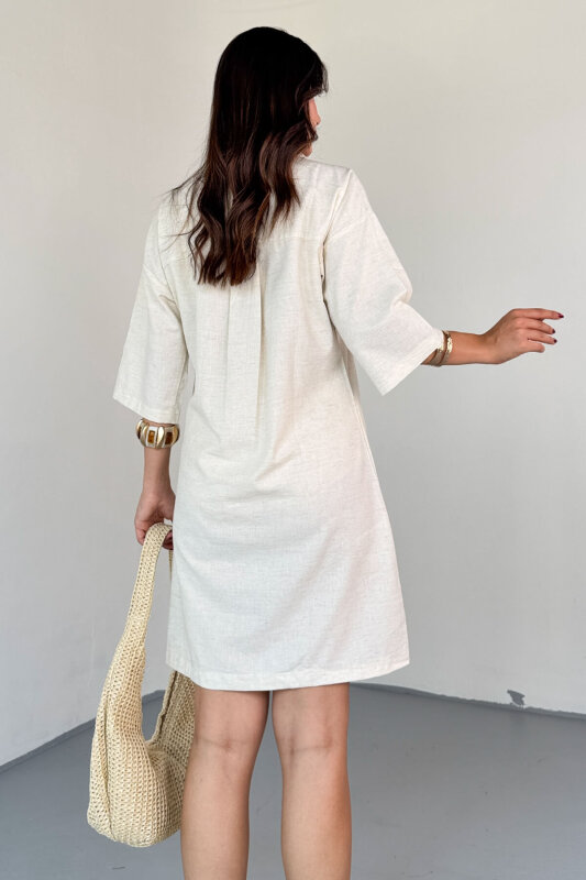 ELB-01826 Taş Rengi Yeşili Keten Polo Yaka V Kesim Günlük Elbise - 4