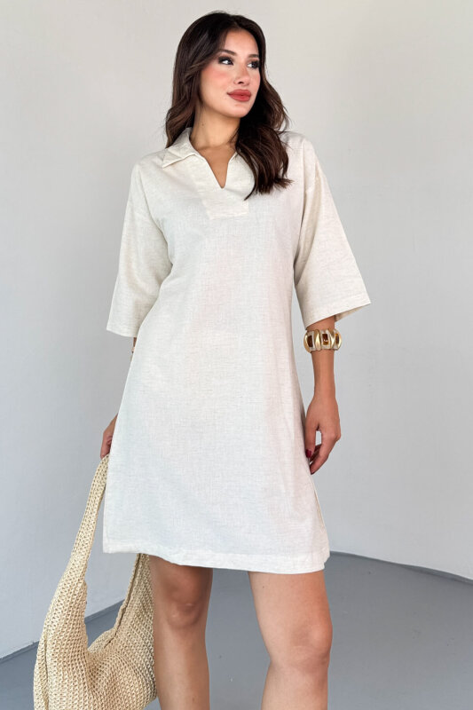 ELB-01826 Taş Rengi Yeşili Keten Polo Yaka V Kesim Günlük Elbise - 5
