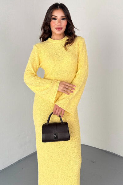 ELB-01832 Sarı Uzun Kollu Dokulu Triko Elbise - 2