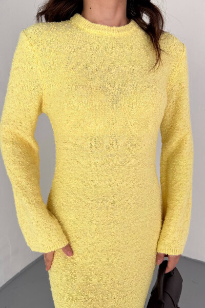 ELB-01832 Sarı Uzun Kollu Dokulu Triko Elbise - 4