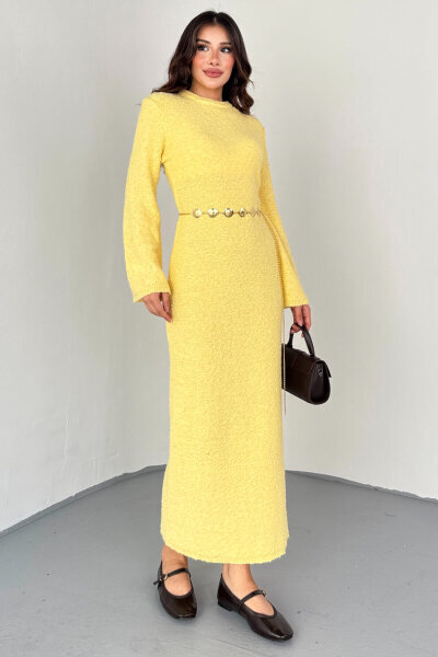 ELB-01832 Sarı Uzun Kollu Dokulu Triko Elbise - 5