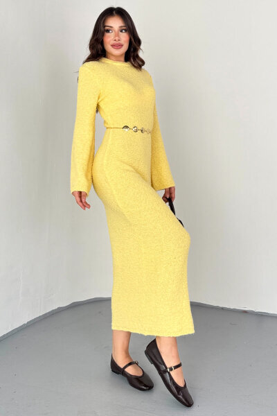ELB-01832 Sarı Uzun Kollu Dokulu Triko Elbise - 6