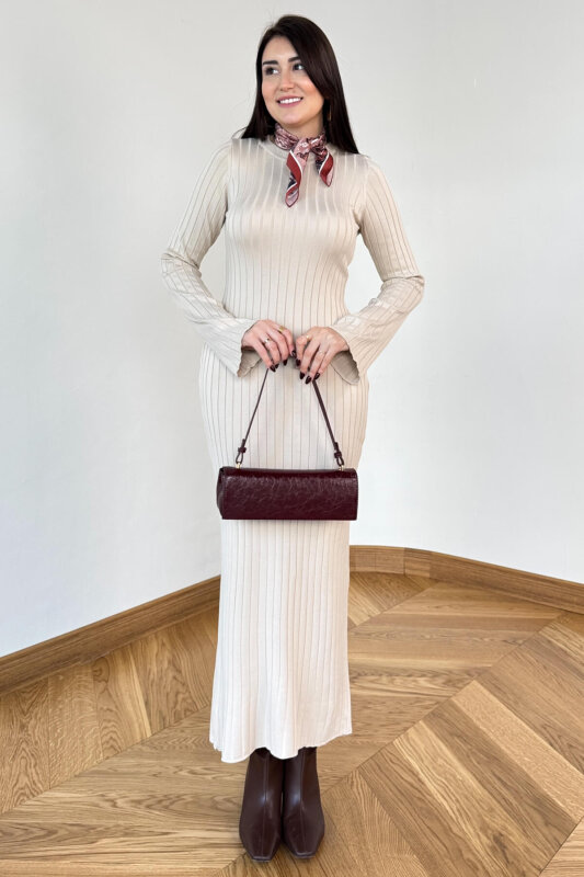 ELB-01835 Taş Rengi Pelerin Kol Triko Elbise - 1