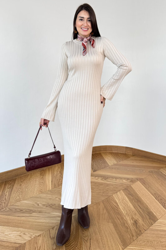 ELB-01835 Taş Rengi Pelerin Kol Triko Elbise - 3