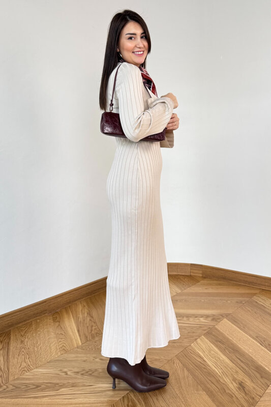 ELB-01835 Taş Rengi Pelerin Kol Triko Elbise - 4